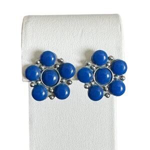 Blue Silver Tone Metal Dot Flower Stud Post Earrings